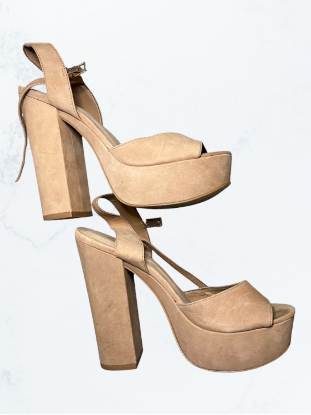 Aldo Beige Suede Platform Peep-Toe Block Heels